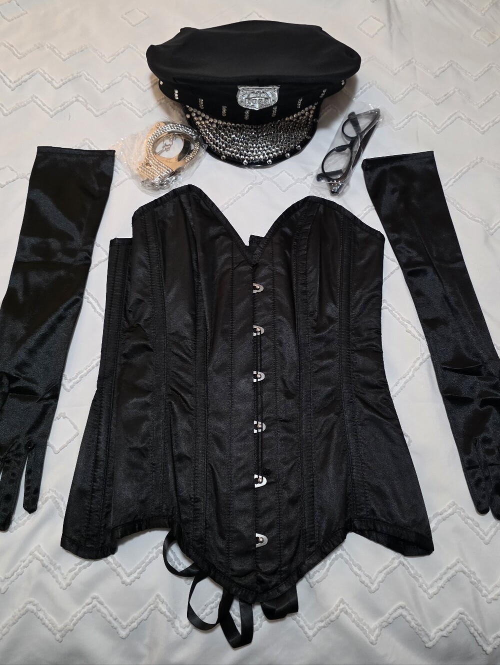 Black Satin Corset with Matching Long Gloves and Embellished Cap